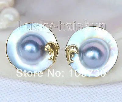 

ry00172 AAA dolphin 24mm gray South Sea Mabe Pearl Earring silver filled gold A0422