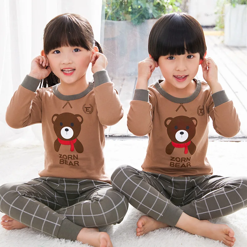 Хлопковые детские пижамные комплекты осенне-зимние пижамы с рисунком для мальчиков и девочек, детские футболки с длинными рукавами+ штаны, комплекты одежды для сна из 2 предметов - Цвет: coffee