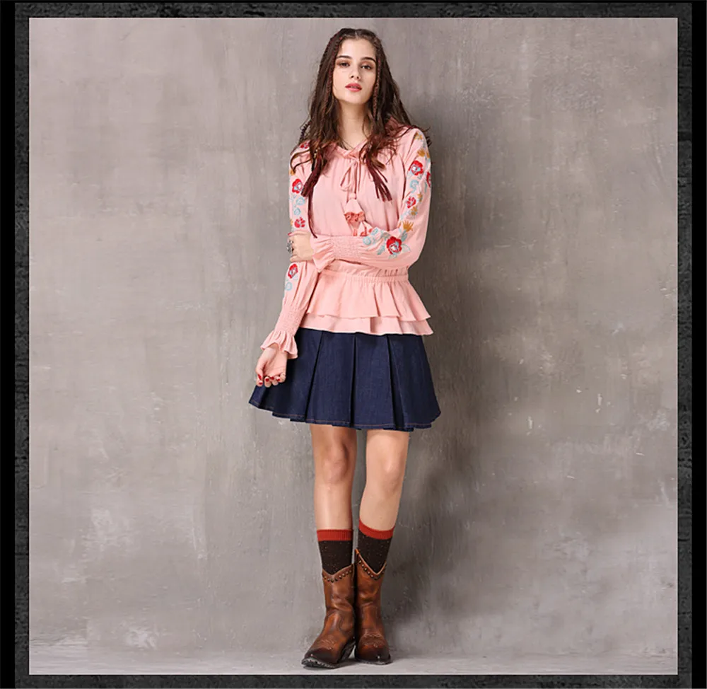 Vintage Women's Blouse Tshirt 2018 Spring New Cotton Linen Blouses Embroidery Flare Sleeve Flower Ruffles Hem Loose Women Shirt (12)