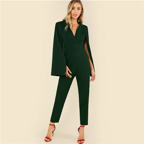 SHEIN Green Plunging Neck Cloak Sleeve Solid Jumpsuit Elegant V neck