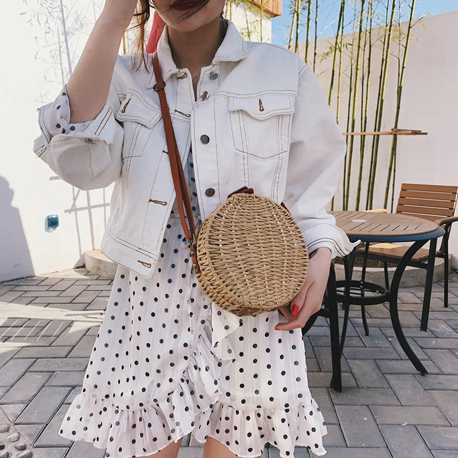 

Handmade Woven Rattan Round Straw Bags Women's Shoulder Bags Ladies Knitting Messenger Crossbody Bag Summer Bohemian Beach Bag