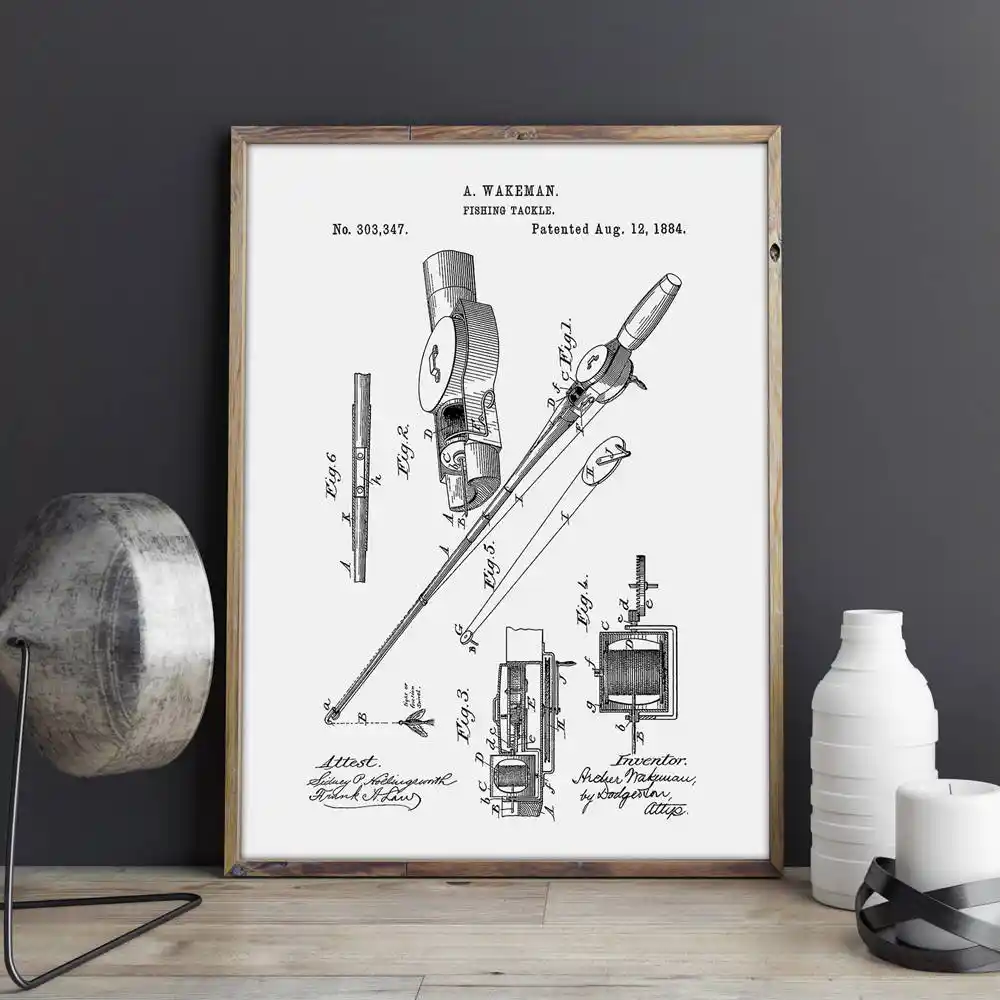 Carrete De Pesca Y Patente De Cana Arte De Pared De Casa Del Lago