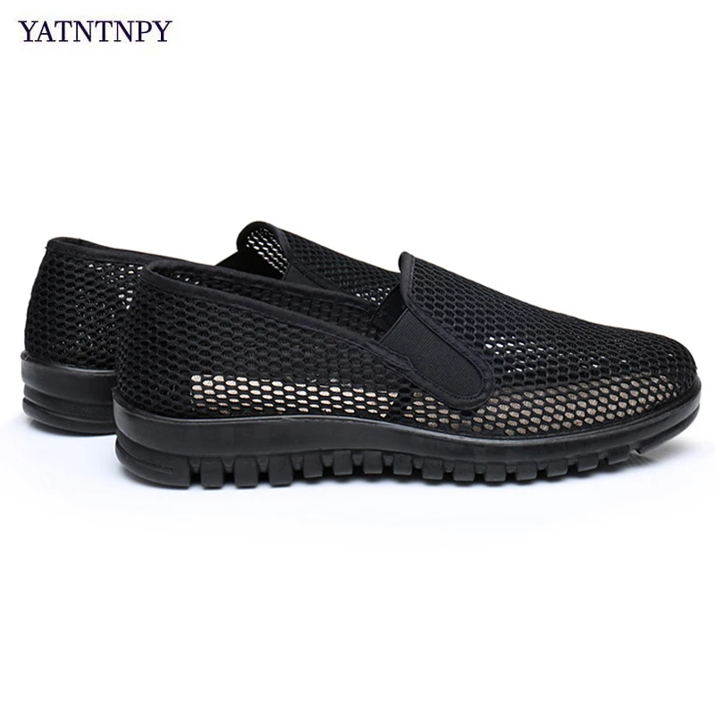 YATNTNPY Summer Mesh Shoes Men Slip-on Flat Sapatos Black lHollow out Comfortable Father Shoes Man Casual Moccasins espadrilles