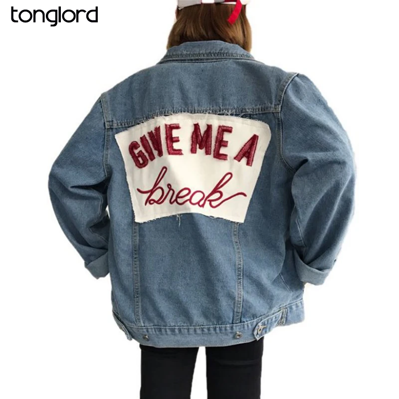 

TongLord 2019 New Autumn Women Denim Jacket Letter Embroidered Hole Single Buttons Jacket Coats Jean Outerwear Basic Coat Femme