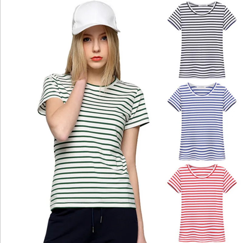 2017 Summer Cotton Round Neck Short Sleeve Striped Casual T Shirt Women