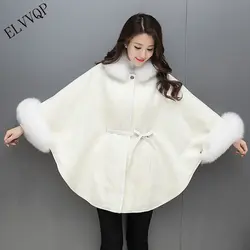 2018 Новый осень зима меховой воротник плащ шерстяное пальто Для женщин Повседневное «летучая мышь» с длинным рукавом шерстяное пальто