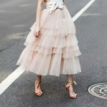 

Tulle Skirts Womens Double Layer Chiffon Pleated Midi Skirt Ladies 2019 Spring Summer Korean Elastic High Waist Mesh Tutu Skirt