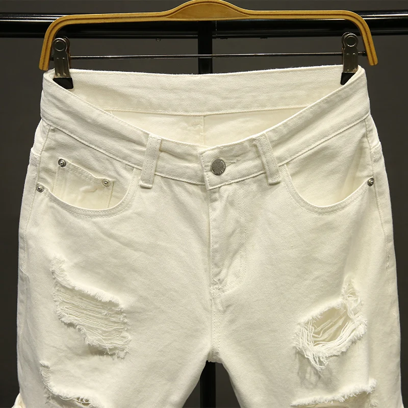 Summer white Men Ripped Loose Straight Jeans Short Fashion Hip hop Bermuda Holes male Solid color Casual Beach Denim shorts