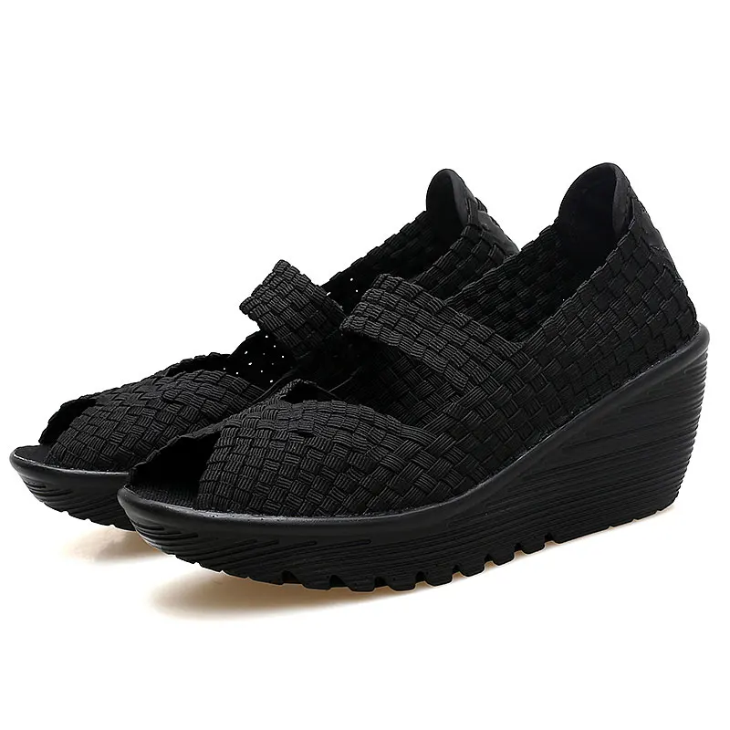 BeckyWalk/Женская тканая обувь на танкетке с открытым носком; летние женские босоножки на платформе; обувь из пластика; женские босоножки ручной работы; Mujer; WSH2899 - Цвет: Черный