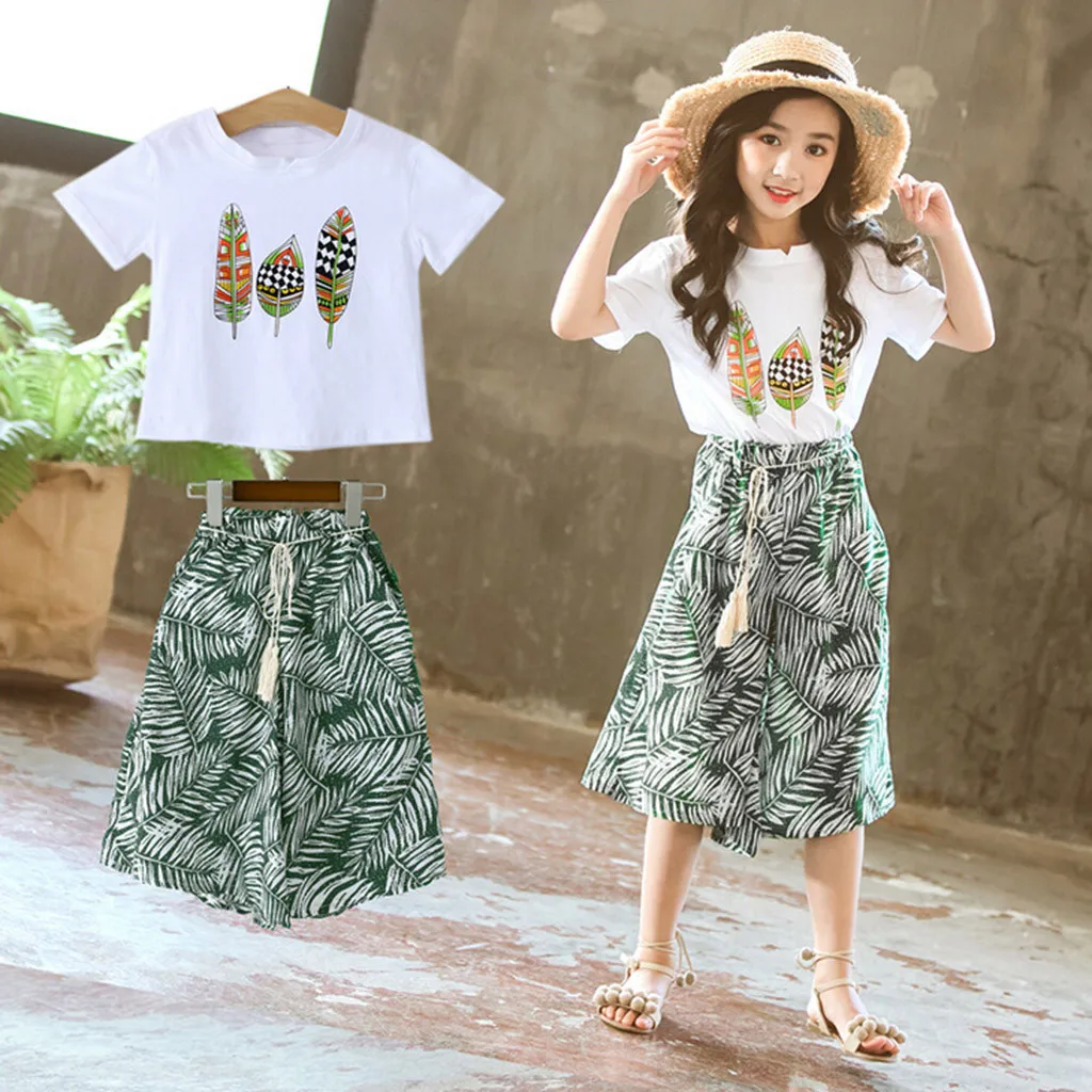 Комплект одежды из 2 предметов для маленьких девочек хлопковая футболка с короткими рукавами и принтом перьев топ+ широкие штаны из шифона, комплект солнцезащитных костюмов