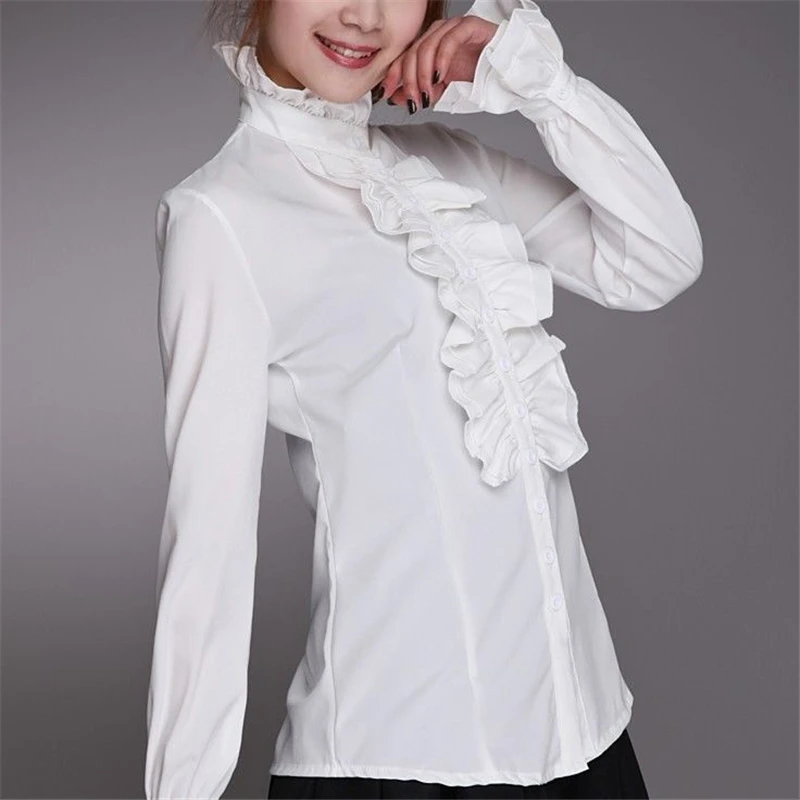 Women Long Ruffles Sleeves Blouses Hot Selling Black White Office Lady
