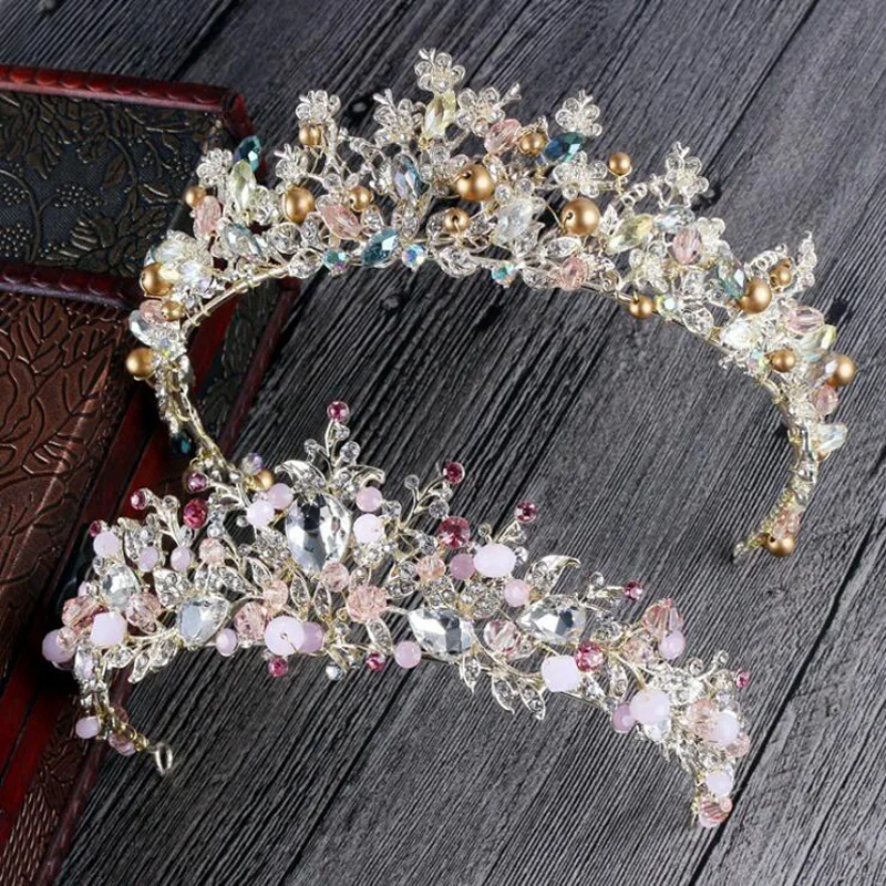 Bride Hair Jewelry Baroque Handmade Beaded Luxury Pink Crystal Tiara
