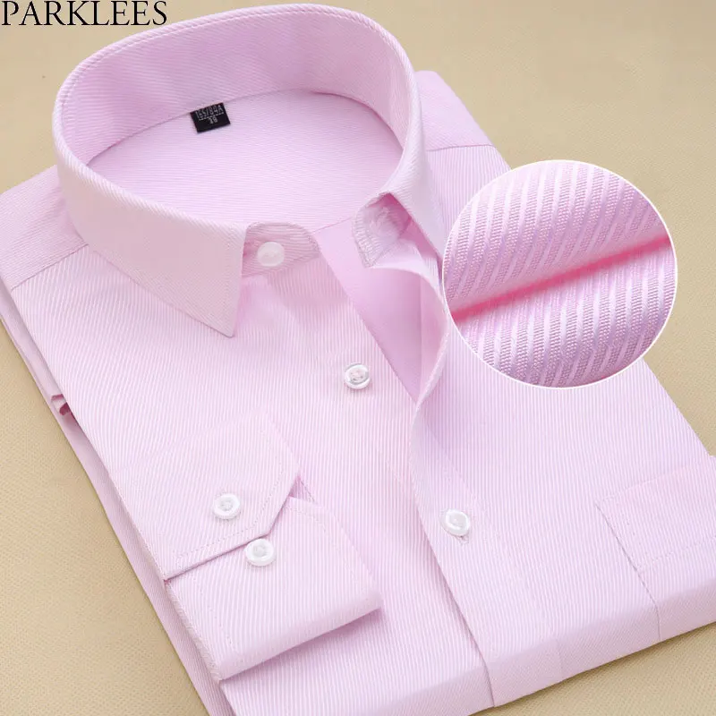 Для Мужчин's Regular Fit Twill Текстура официальная рубашка Slim Fit с длинным рукавом Spread Collar Dress Shirt розовый хлопок высокого качества сорочка 8XL