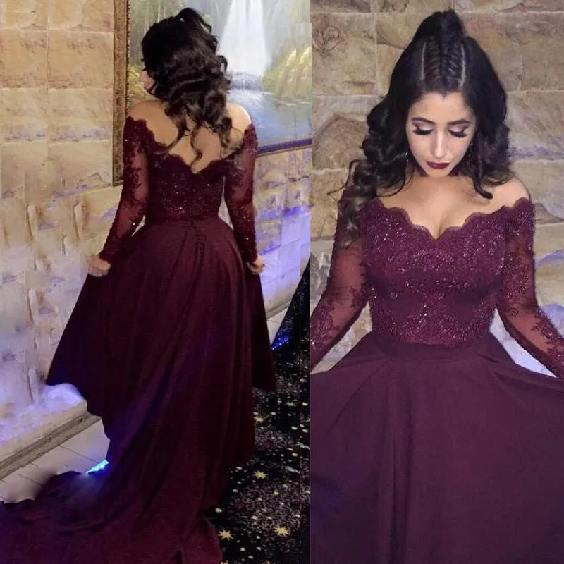 A-Line V-Neck Long Sleeves Prom Dresses 2018 Lace