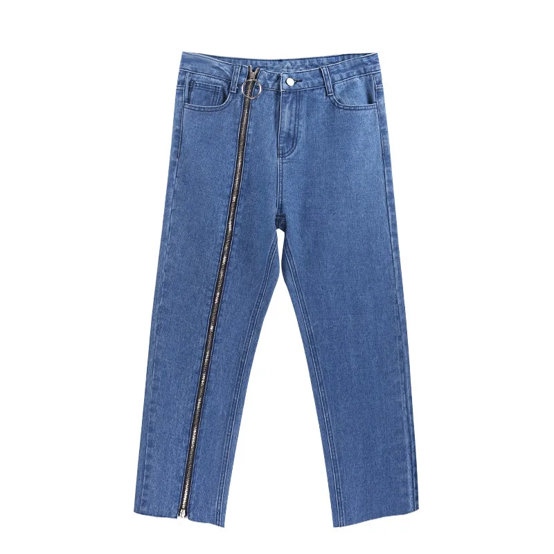 Women new right leg creative personality zipper jeans trousers black casual  jeans and skinny jeans trouser