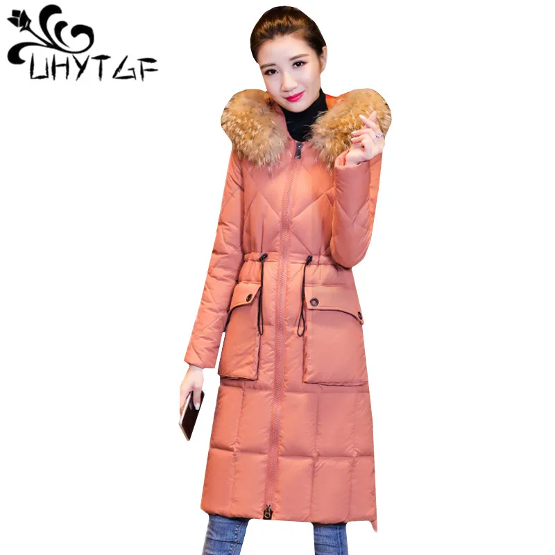 Best UHYTGF Winter Down Cotton Jacket Women New Fur collar Hooded Parka Coat Ladies long Thicken Warm Coat Plus size Jacket Female607