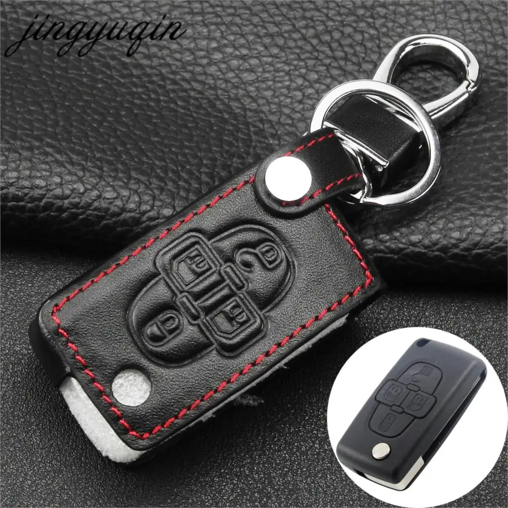 

jingyuqin Leather Cover For Peugeot 1007 For Citroen C8 4 Buttons Flip Floding Remote Key Fob Case