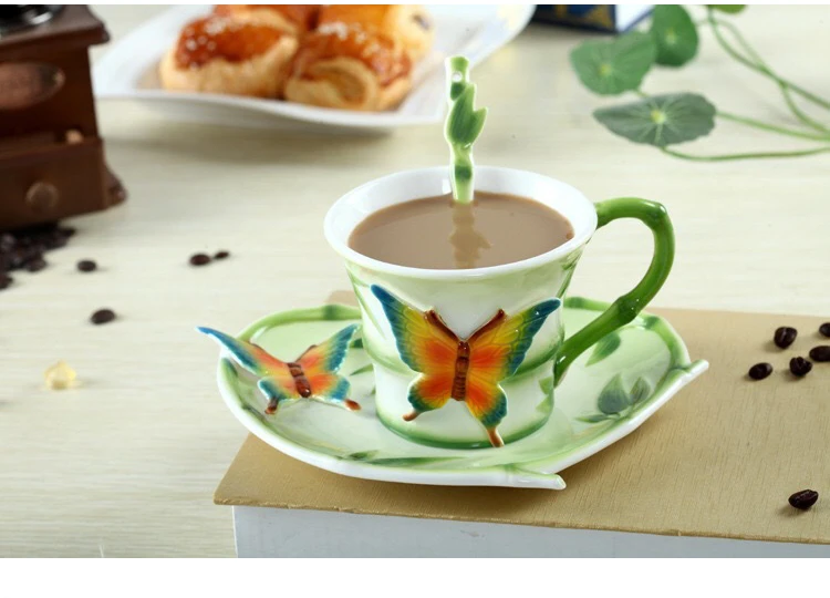 Бабочка Эмаль фарфоровая кофейная чайная чашка и ложка для блюдца декоративная керамика чайная кружка для воды подарок на день Святого Валентина