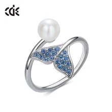CDE 100% 925 เงินสเตอร์ลิงและไข่มุก Mermaid หางเปิดแหวนประดับด้วยคริสตัลเงินเครื่องประดับ(China)