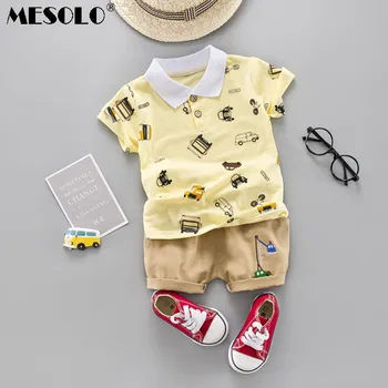 

MESOLO Summer 2019 Korean version of children's Lapel Shirt New children's cartoon printing suit boys and girls cartoon suit