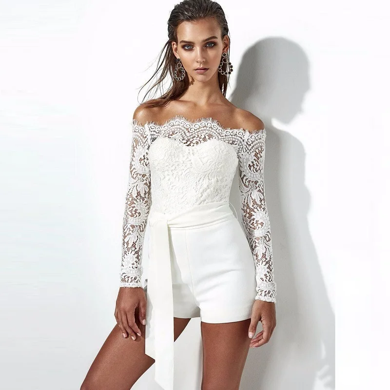 Off Shoulder Long Sleeve Lace Top White Romper One Piece 2018 Women