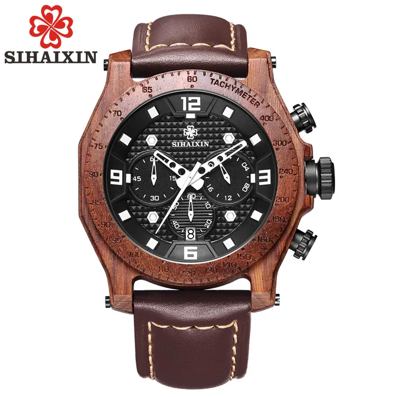 

Men's Walnut Wooden Watch Waterproof Luxury Men Watches Wood Metal Chronograph Timepiece Military Quartz Wood Wristwatch Clock
