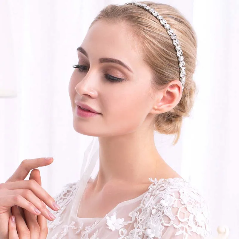 

New Style Handmade Double Lines Shining Crystals Alloy Headband Exquisite Silk Ribbon Hair Band Trendy Bride Wedding Jewelry