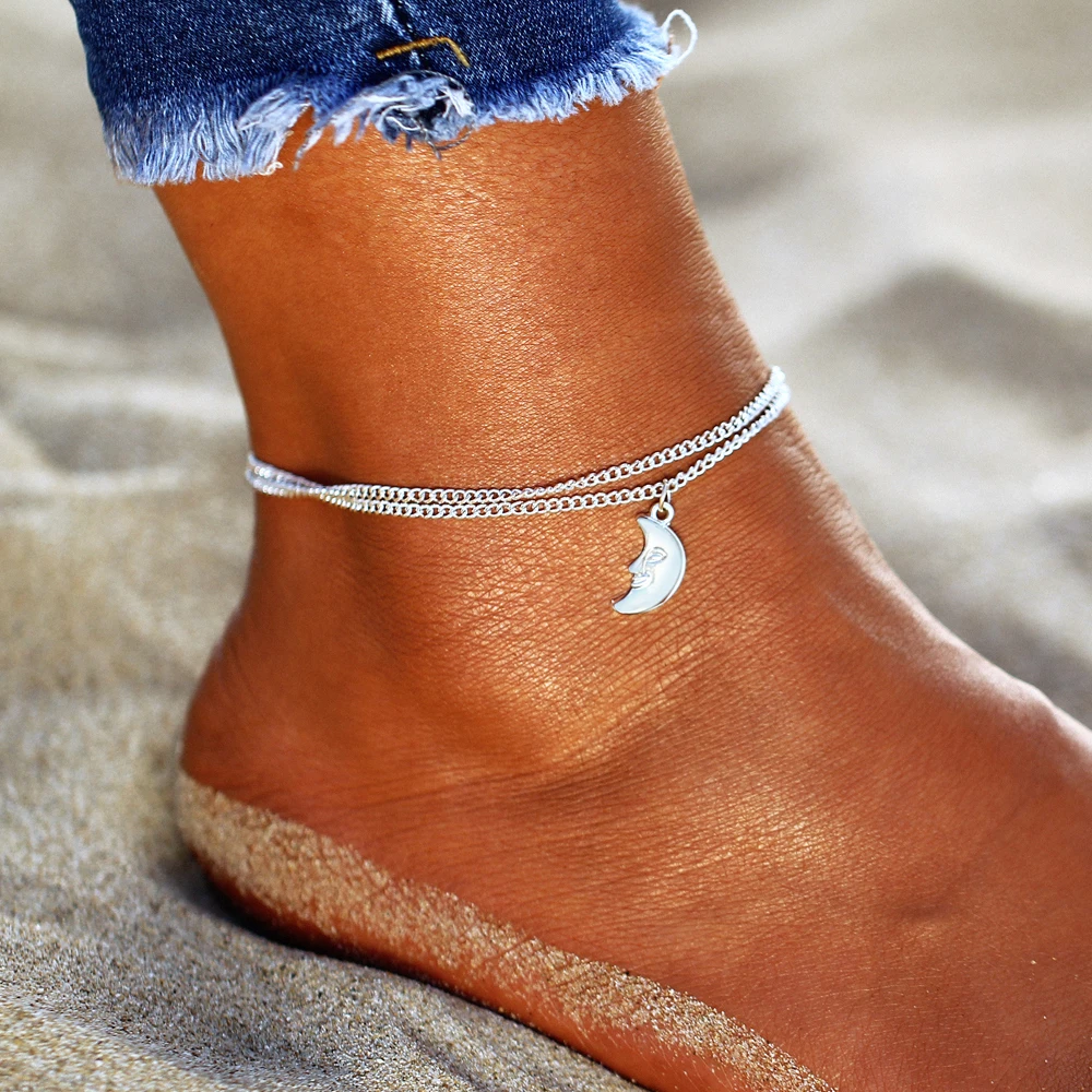 

Fashion Moon Pendant Anklets Summer Beach Bracelet Foot Silve Double Chain Anklets summer Accessories for Legs Jewelry Gift