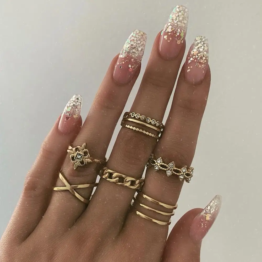 

Fashion Women Rings Cross Ellipse Link Openwork Flower Crystal Joint Gold Ring Set Female Simple Party Jewelry Accessories