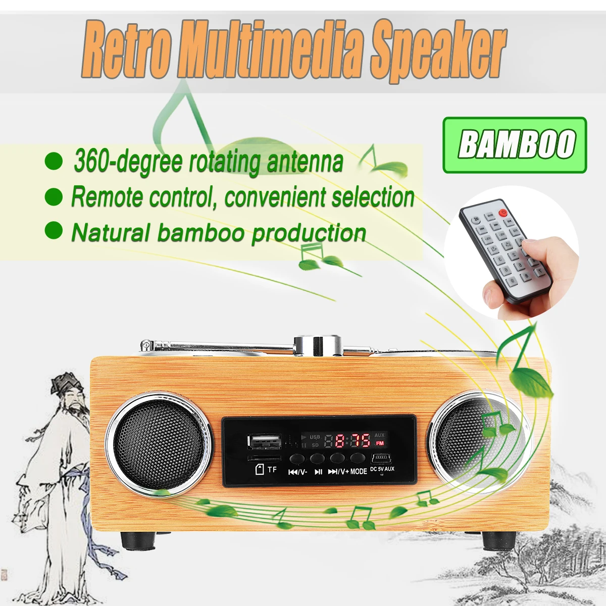 Ретро винтажное радио супер бас FM радио бамбуковый мультимедийный динамик классический приемник USB с MP3-плеером пульт дистанционного управления