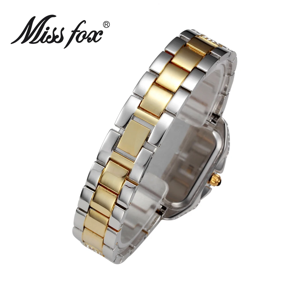 Для женщин квадратный Полный Diamond Dial Кварцевые часы MISS FOX марка класса люкс алмаз Сталь полосы Водонепроницаемый модные Повседневное