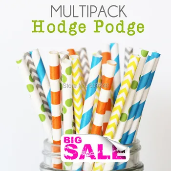 

125pcs Mixed Colors HODGE PODGE Themed Paper Straws,Yellow and Gray Chevron,Blue Striped,Lime Polka Dot,Orange Sialor Stripe