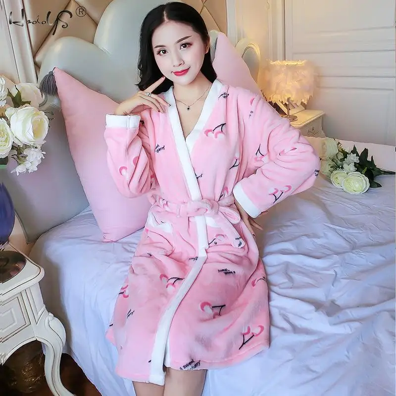 Flannel Bathrobes Women's Cartoon Lovely Thicken Warm Nightgowns Winter Bath robe Women Pajamas Bath Robe Sleepwear - Цвет: Pink cherry