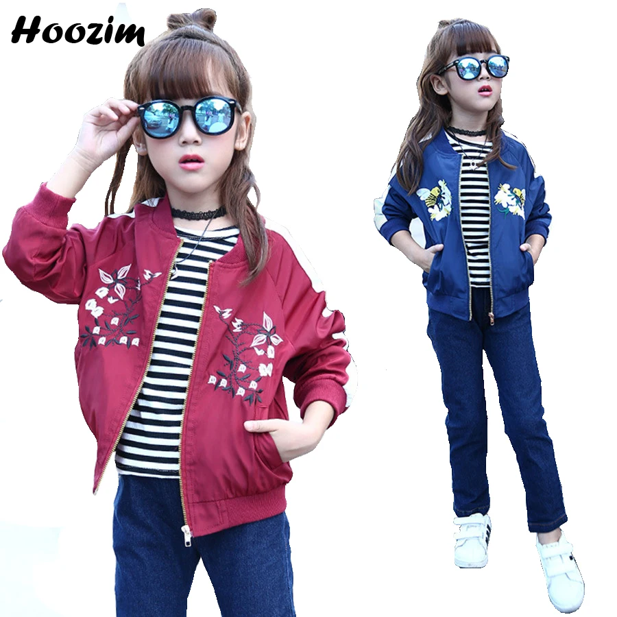 

Girls Bomber Jackets Spring Embroidery Floral Nylon Jacket Kids Red Coat For Girls Casual Children Outerwear Embroidery Honeybee