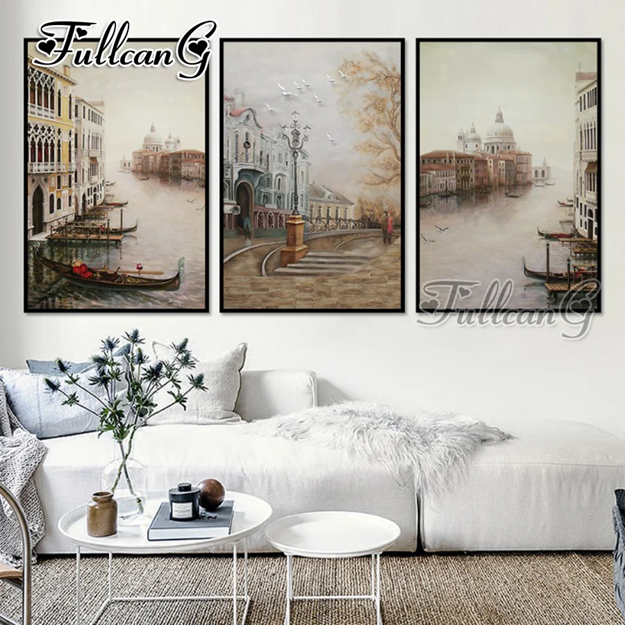 

FULLCANG 3pcs diy diamond embroidery "water city landscape" painting full drill 5d cross stitch mosaic pattern handicraft G1334