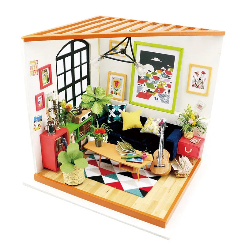 

Robotime Wood LED Living Room Toy DIY Drawing Rooms Furniture 3D Puzzle Building Kits Wooden Toys For Teens House