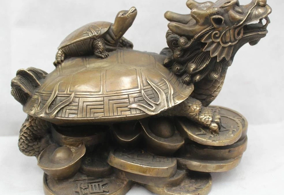 

10" Chinese Home Fengshui Bronze Wealth Dragon Tortoise Turtle & Baby Statue