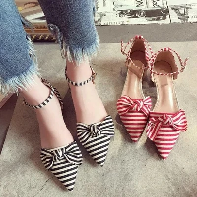 

2019 new sweet bow buckle female sandals low heel pointed shallow mouth spring and summer women's shoes