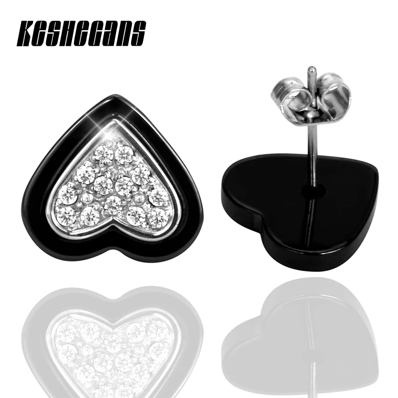 2017 New Black White Ceramic Imitation Bright Crystal Rhinestone Elegant Peach Heart Stud Earrings Steel Fashion Jewelry Women | Украшения