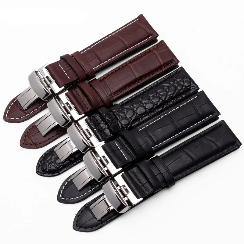 19mm Buckle18mm PRC200 T17 T41 T461 High Quality Silver Butterfly Buckle Black Genuine Leather Watch Bands