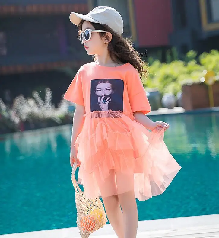 

AA714 Summer Girls' fashion dress Net yarn splicing Children's dress 110-160cm New Arrival Kids Dress 2019 Retail
