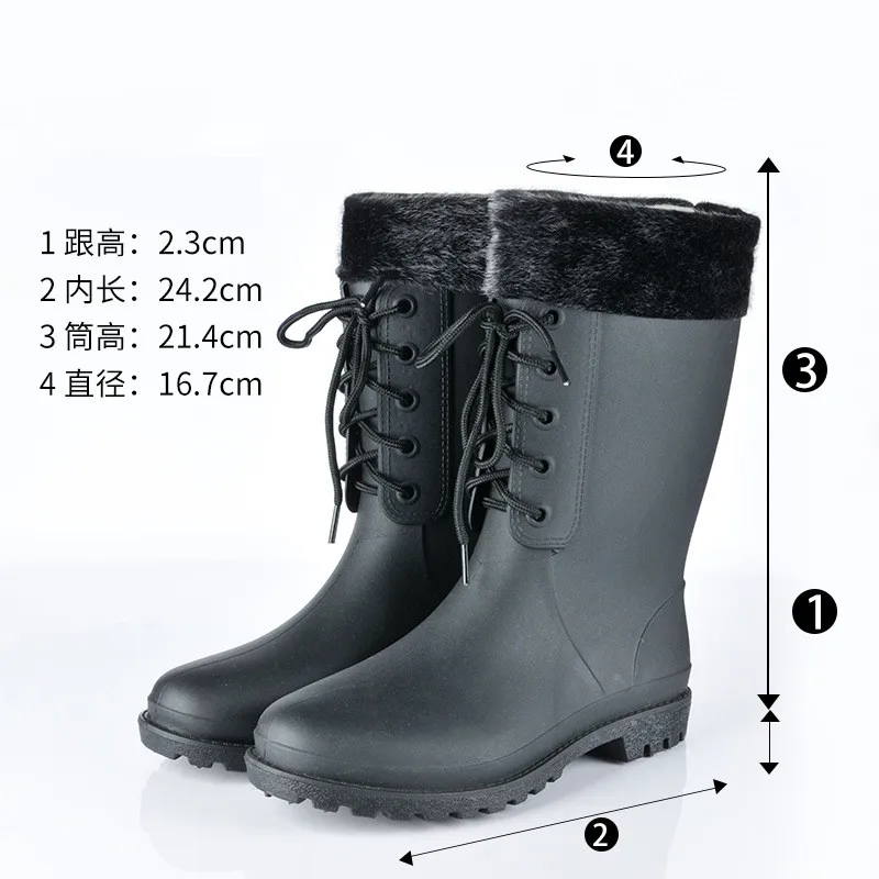 Женские высокие непромокаемые сапоги на шнуровке для девочек однотонная зимняя теплая мягкая обувь для дождливой погоды из хлопка женские нескользящие резиновые сапоги; большие размеры 36-41 - Цвет: Black Add Cotton