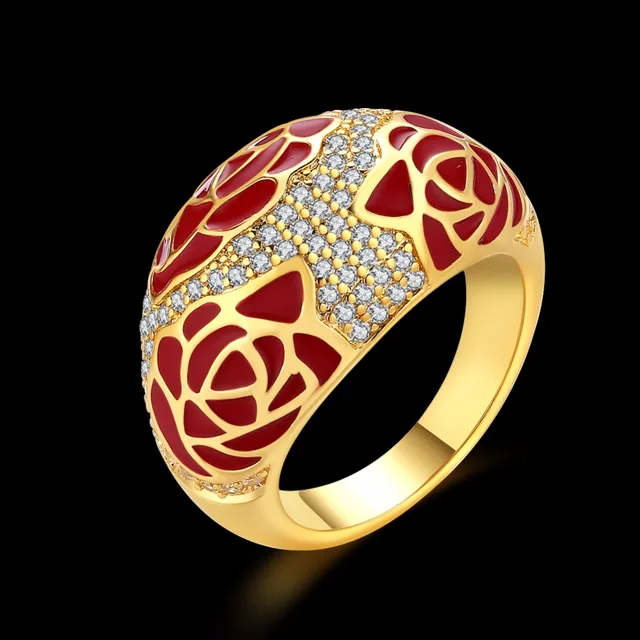 CHUKUI Wholesale Simple Gold Jewelry Men Rings For Women Copper Wedding Band Red Enamel Rose Flower Crystal Rhinestone Ring