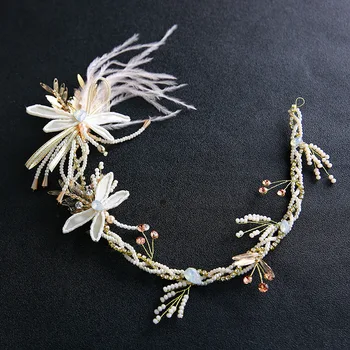 

2019 high-end new Korean handmade feather chain hair bridal headdress wedding ceremony wedding accessories
