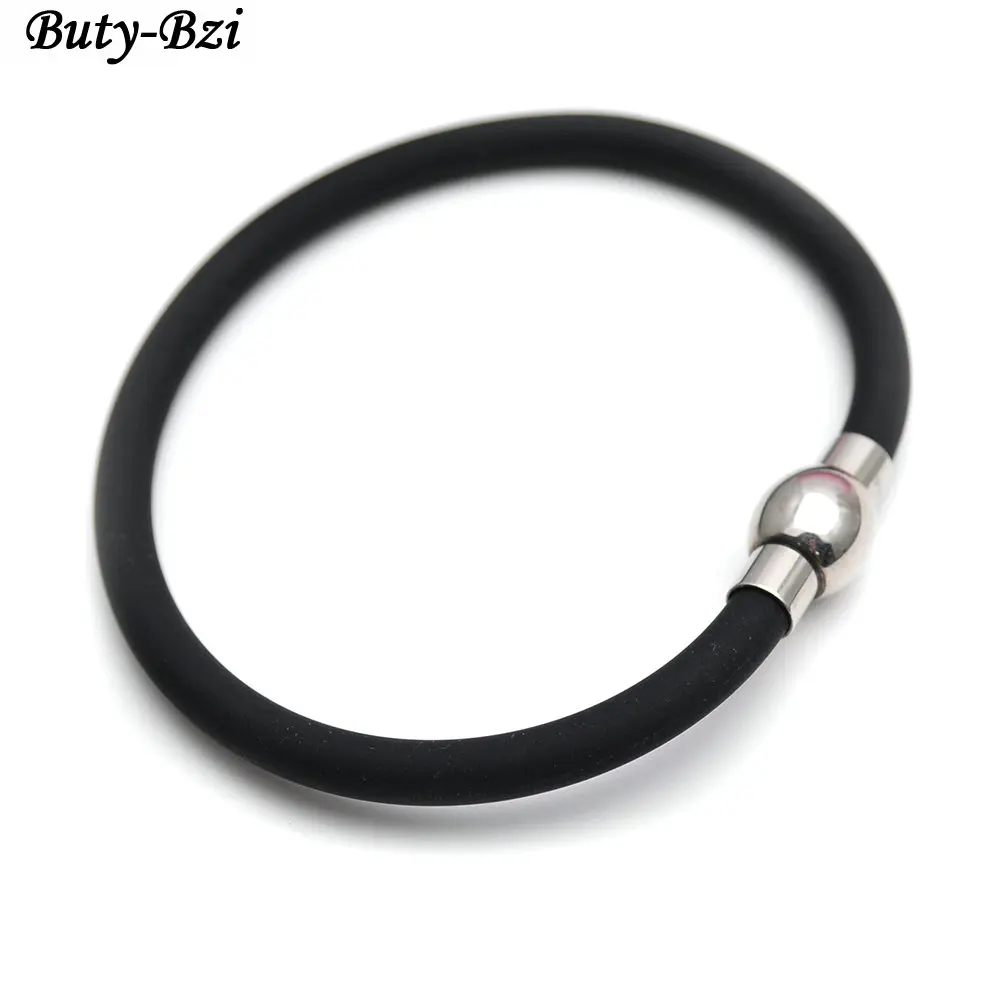Black Round Rubber Cord Stainless Steel Clasps Bracelets