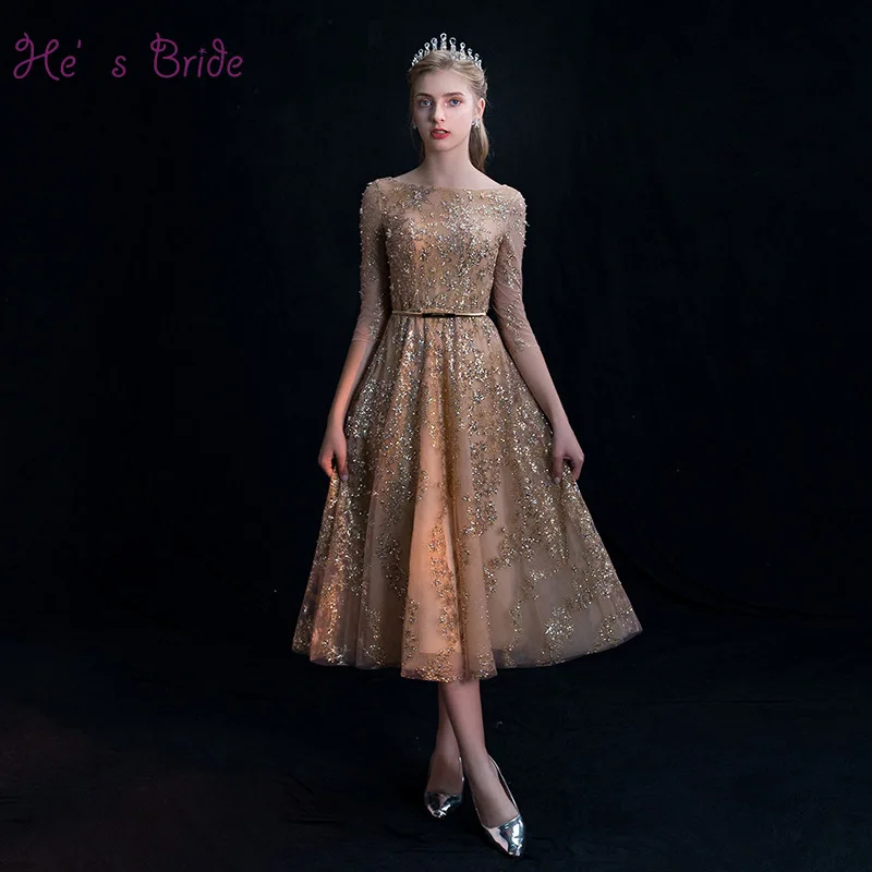

He's Bride Golden A-Line Three Quarter Sleeves Tea-Length Short Cocktail Dresses Party Prom Vestido De Coctel