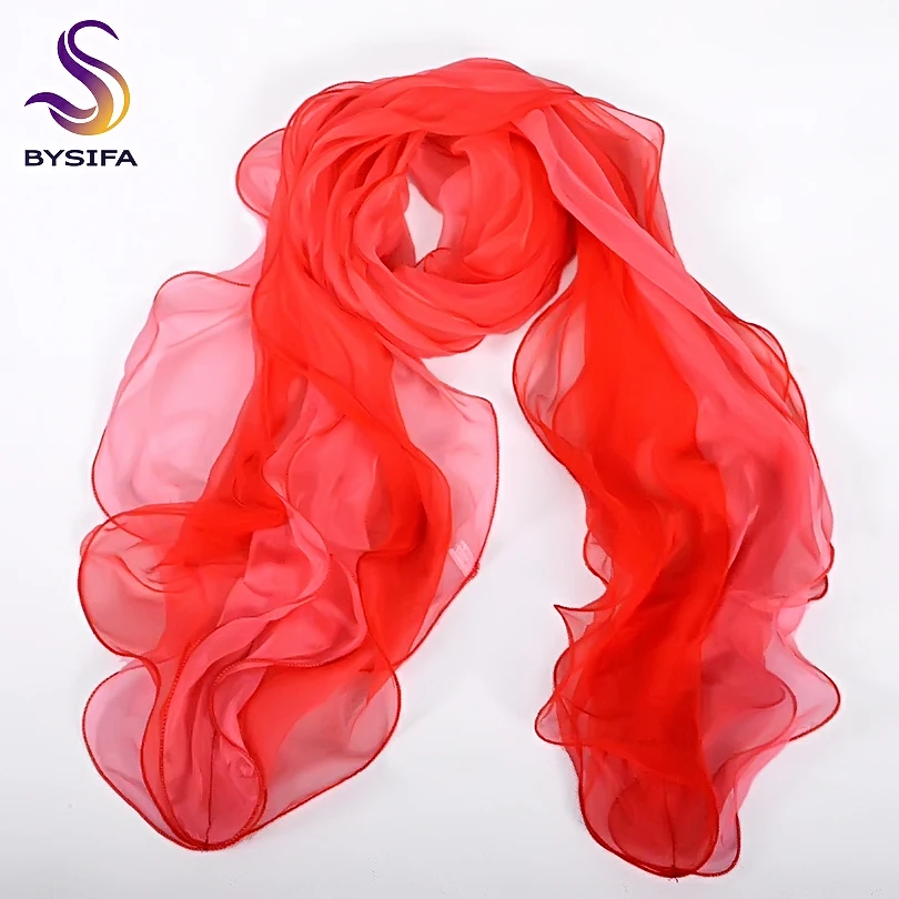 

[BYSIFA] Elegant Red Long Scarves Fashion Brand Women 100% Silk Thin Scarf Shawl Spring Autumn Gradient Female Scarf Foulard