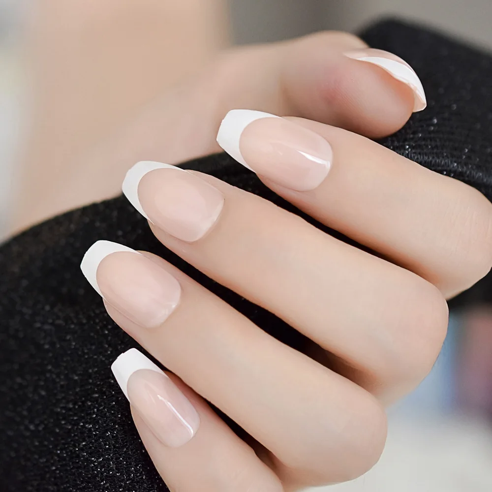 Us 1 27 15 Off White Smile Line Natural French Ballerina Coffin False Nails Shiny Uv Gel Medium Press On Fingernails 24 Ct In False Nails From