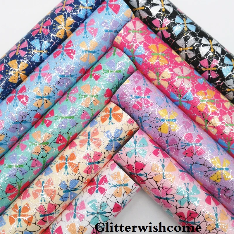 

Glitterwishcome 21X29CM A4 Size Vinyl For Bows Printed Butterfly Leather Fabirc Faux Leather Sheets for Bows, GM133A