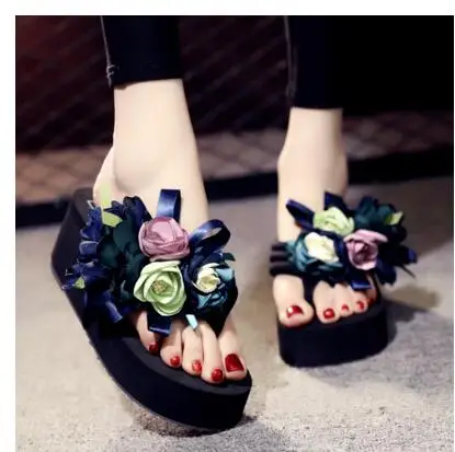 Г., Женская обувь в богемном стиле, шлепанцы Уличная обувь женская пляжная обувь на танкетке и высоком каблуке женские вьетнамки на платформе с цветочным принтом, обувь для вечеринок - Цвет: Heel 6cm